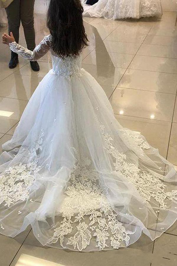 Lindos vestidos largos de corte A para niña de las flores, de tul y encaje, con mangas