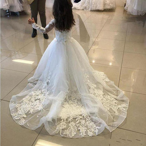 Lindos vestidos largos de corte A para niña de las flores, de tul y encaje, con mangas