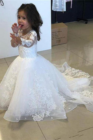 Lindos vestidos largos de corte A para niña de las flores, de tul y encaje, con mangas