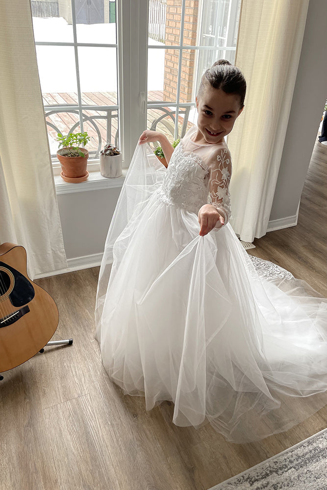 Adorables robes longues bohèmes en tulle et dentelle, coupe trapèze, avec manches, pour demoiselles d'honneur