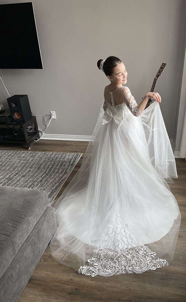 Lindos vestidos largos de estilo boho, corte en A, de encaje y tul para niña de las flores con mangas