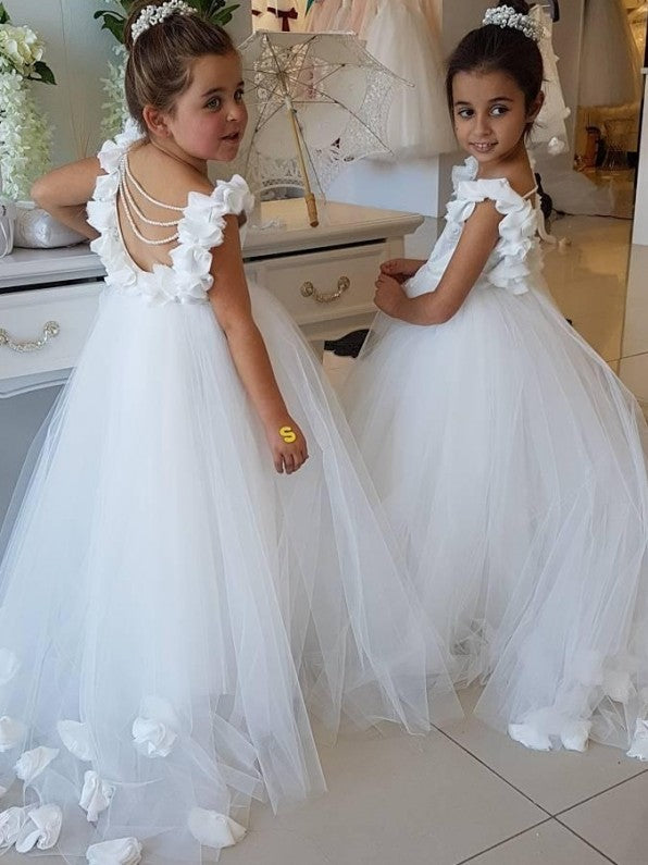 Lindos vestidos de niña de las flores con apliques de tul, espalda descubierta y perlas