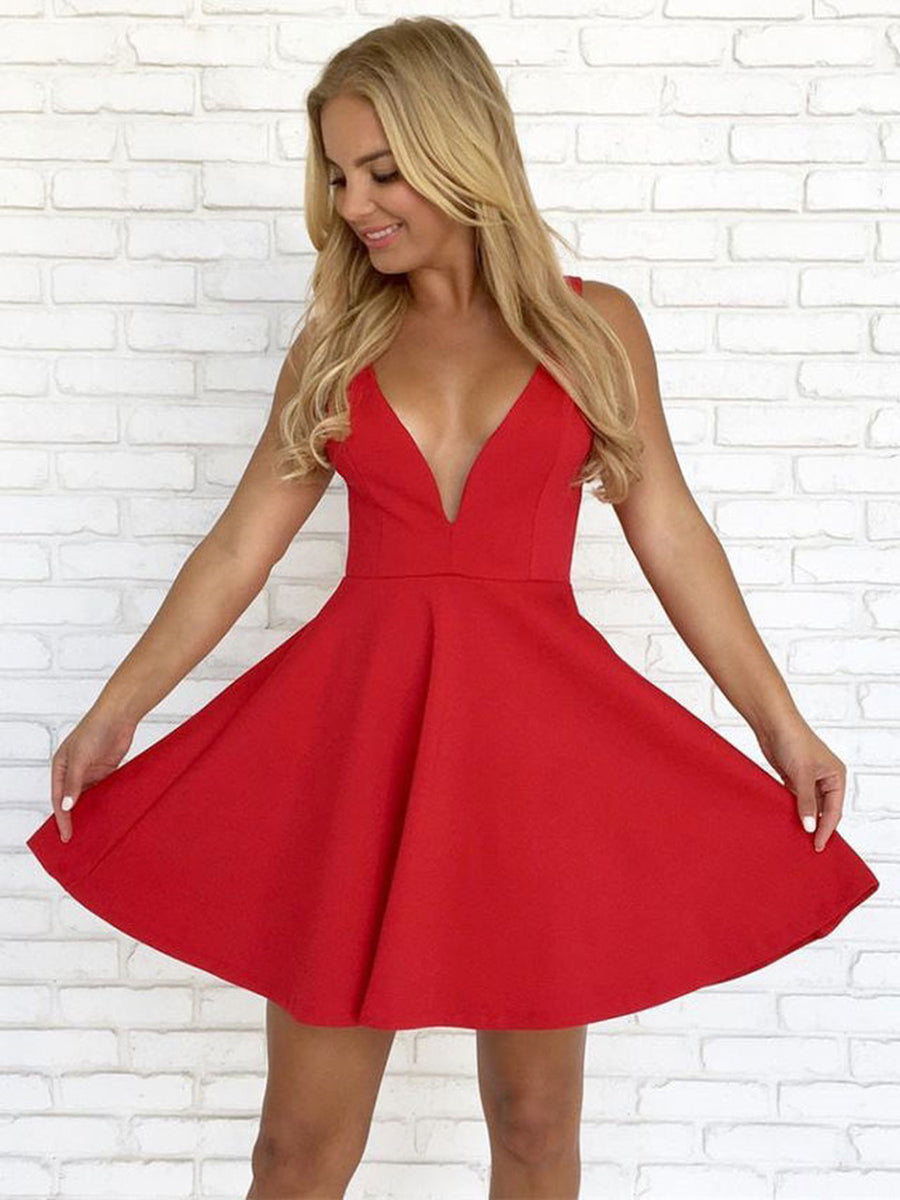 Cute Short A-line V Neck Sleeveless Backless Prom Dresses