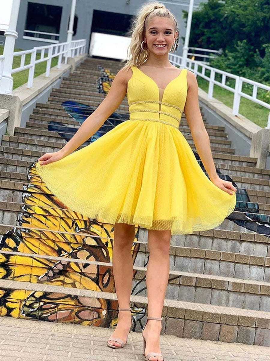 Robe de bal jaune courte et mignonne, coupe trapèze, col en V, avec ceinture fine