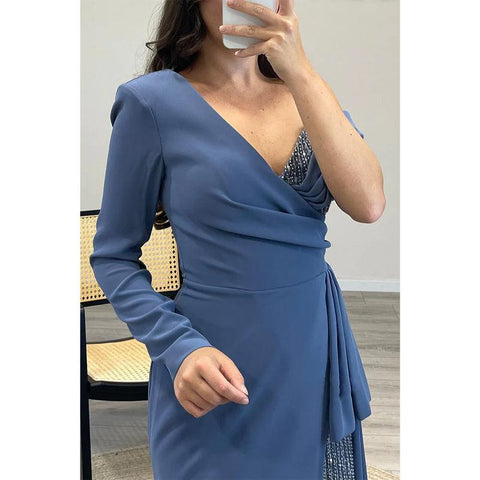 Robe de bal longue sexy asymétrique à perles et col en V 
