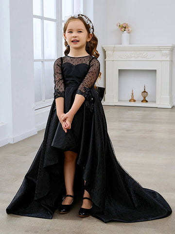 Vestido de gala/vestido negro de princesa con cola de barrido de satén 