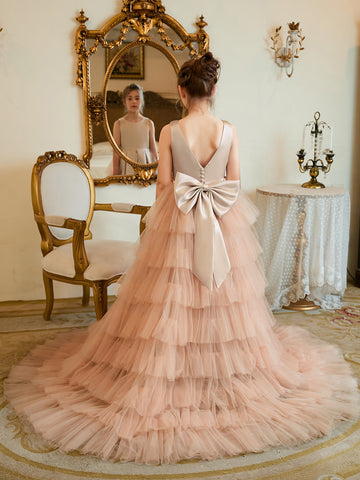 Vestido color champán de corte A con cola de tul satinado (010225319) 