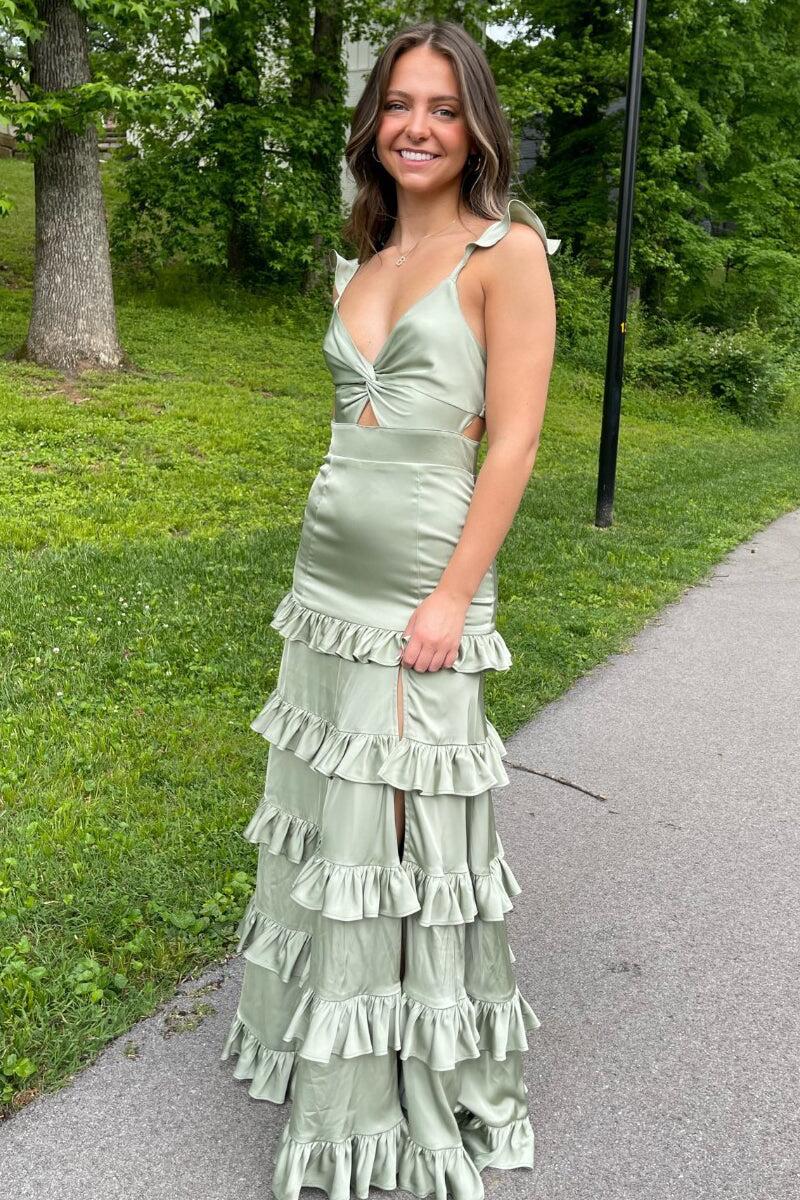 Melssa | Knotted Sage Ruffles Mermaid Tiedred Maxi Dress