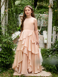 Vestido de niña de las flores de corte A, de gasa color melocotón claro hasta el suelo 