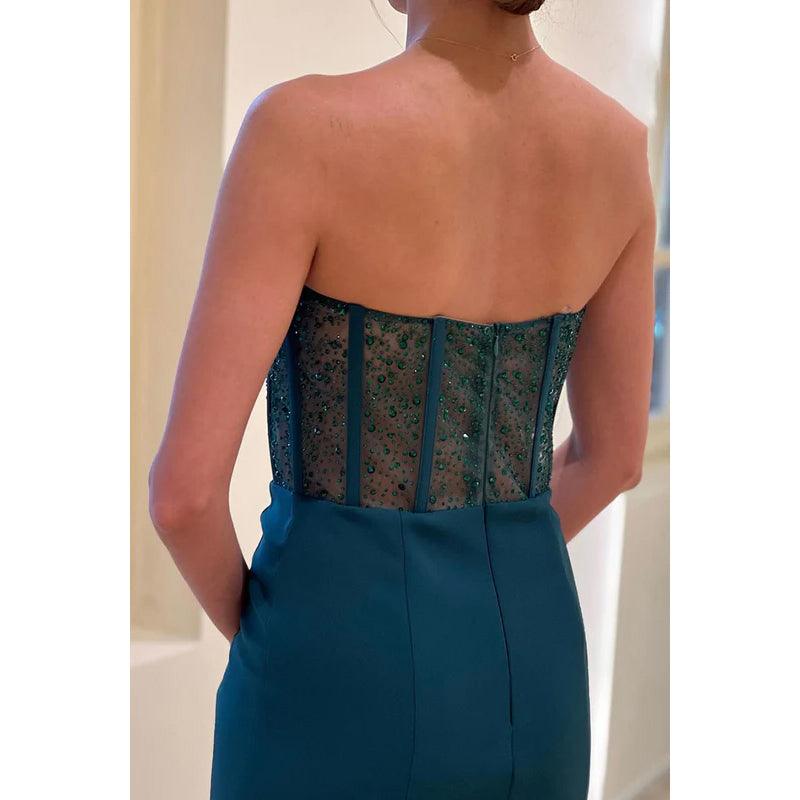 Robe de soirée longue à col en V, bustier, froncée, transparente, avec perles