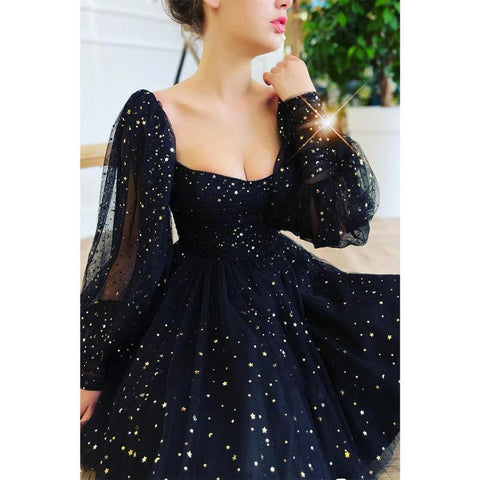 Robe de soirée noire à manches longues et paillettes 