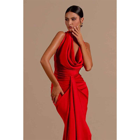 Robe de soirée longue sirène rouge sexy à col en V et plis