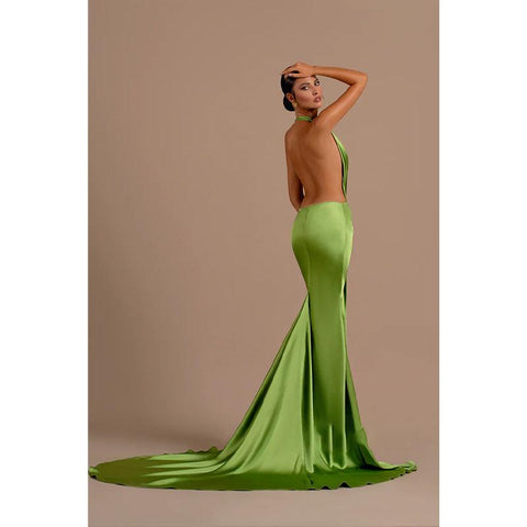 Robe de soirée longue et sexy à col en V profond et dos nu style sirène