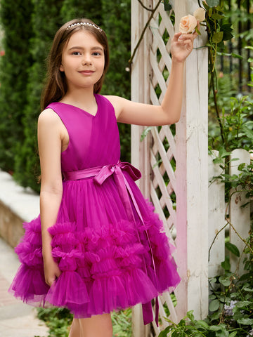Vestido de niña de las flores de tul sin mangas color fucsia princesa con volantes (010225236) 