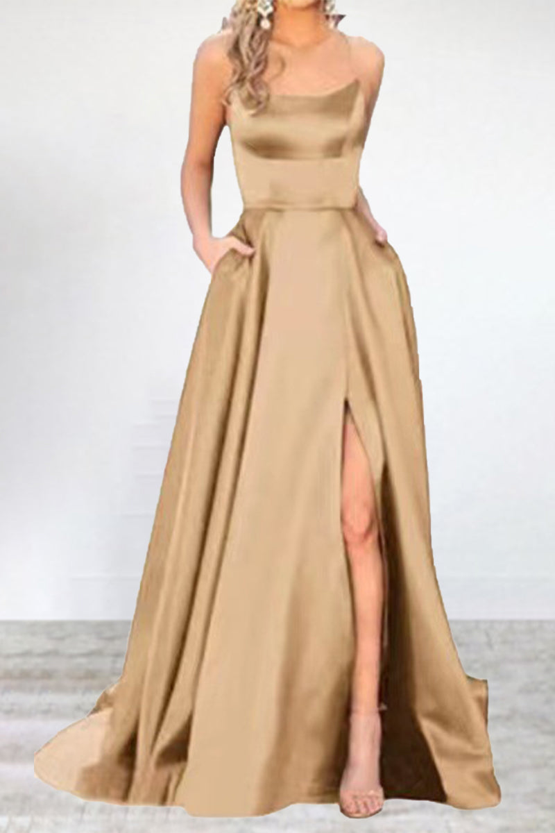 Vestidos de noche sexys, formales, de color liso, con escote en U y abertura alta. 