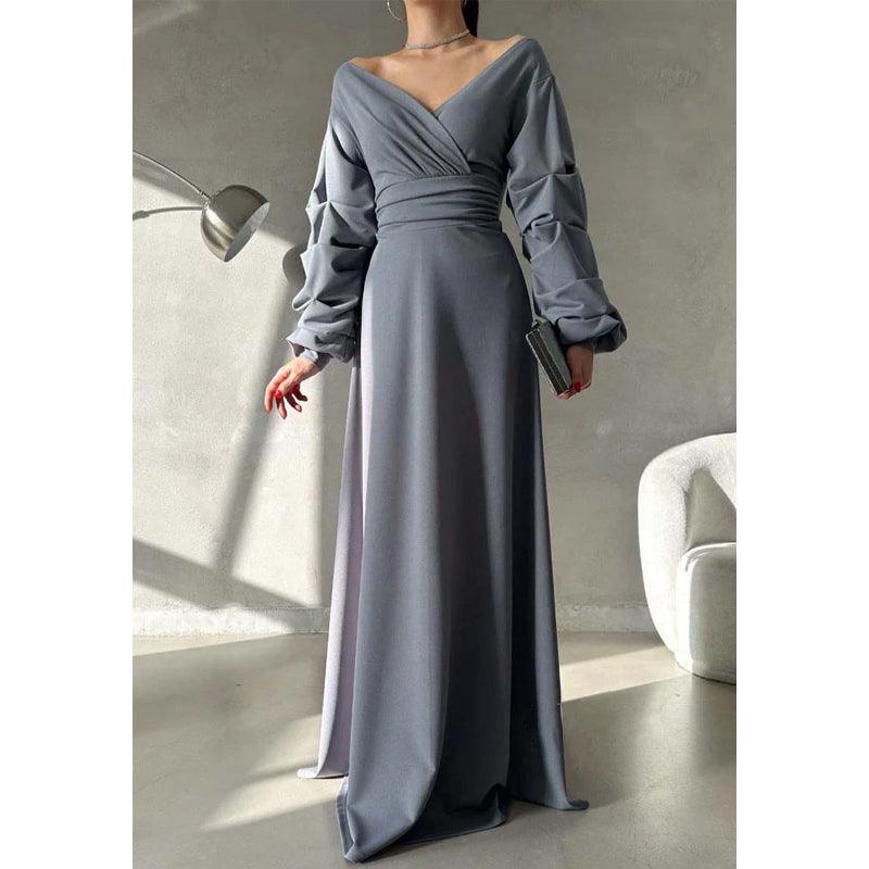 Robe de bal longue simple, coupe trapèze, col en V, épaules dénudées, manches bouffantes 