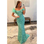 Robe de soirée longue sirène en satin sans manches avec paillettes
