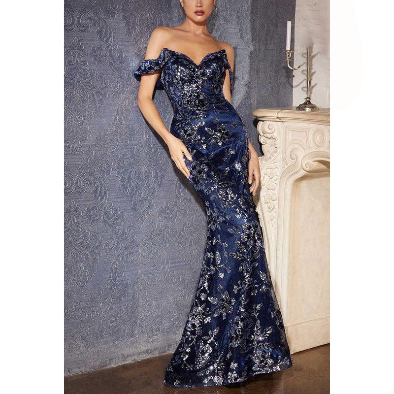 Vestido de noche largo estilo sirena con hombros descubiertos, apliques de tul y flores, sin tirantes