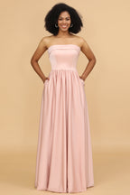 Robe de demoiselle d'honneur longue en satin rose poudré sans bretelles, coupe trapèze