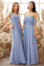 Vestido de dama de honor de gasa con escote en V