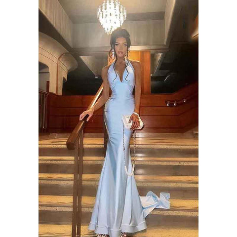 V-Neck Halter Ruched Satin Long Prom Evening Dress With Sweep Train