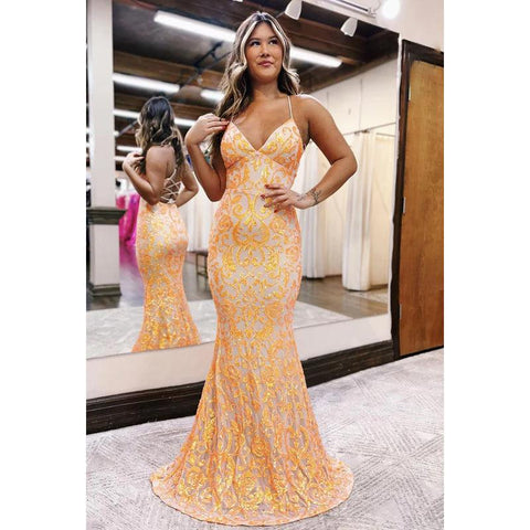 Robe de bal sirène à bretelles spaghetti croisées et col en V