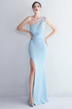 One Shoulder Black Long Prom Dress with Split Front