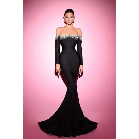 Robe de soirée noire à épaules dénudées et à perles, style sirène 
