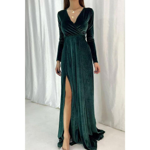 Robe de soirée longue et sexy en velours à col en V et manches longues 