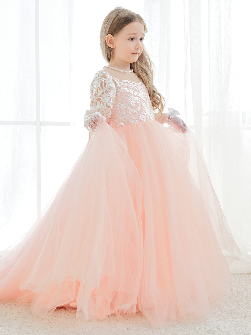 Vestidos de niña de las flores de corte A, manga larga, encaje y tul, color rosa (2003227575) 
