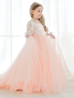 Vestidos de niña de las flores de corte A, manga larga, encaje y tul, color rosa (2003227575) 