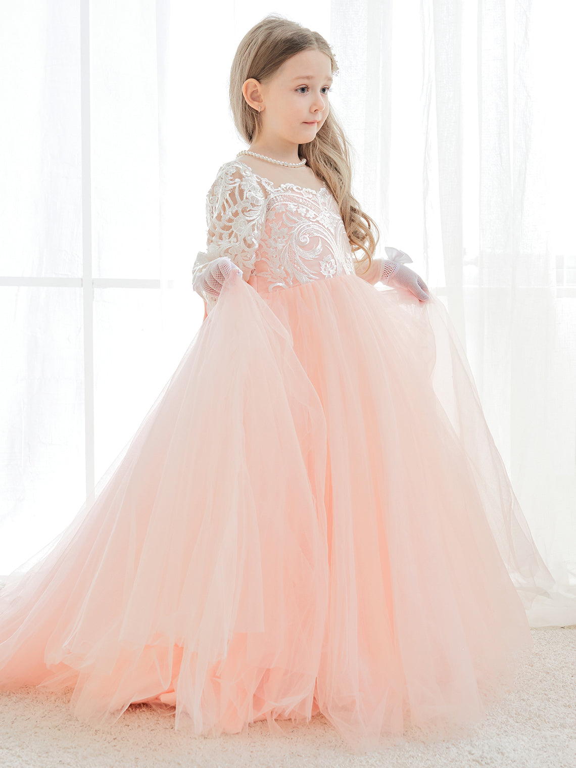 Vestidos de niña de las flores de corte A, manga larga, encaje y tul, color rosa (2003227575) 