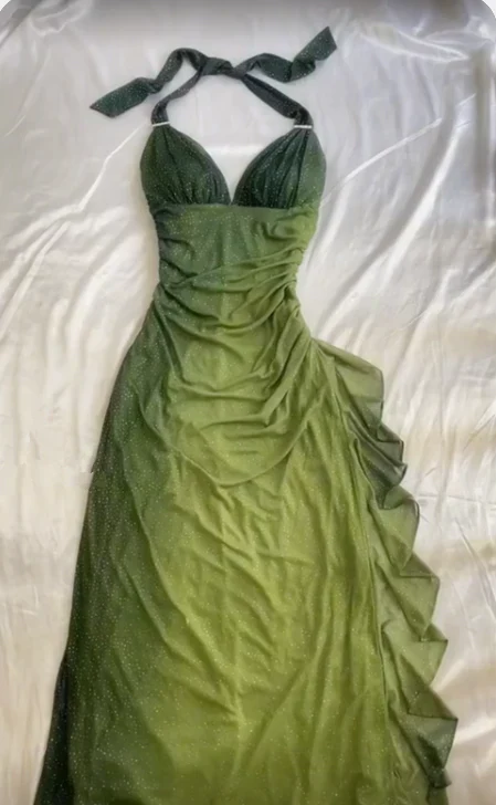 Vestido largo de fiesta de noche de gasa con escote en V verde degradado y cuello halter sexy Y7484