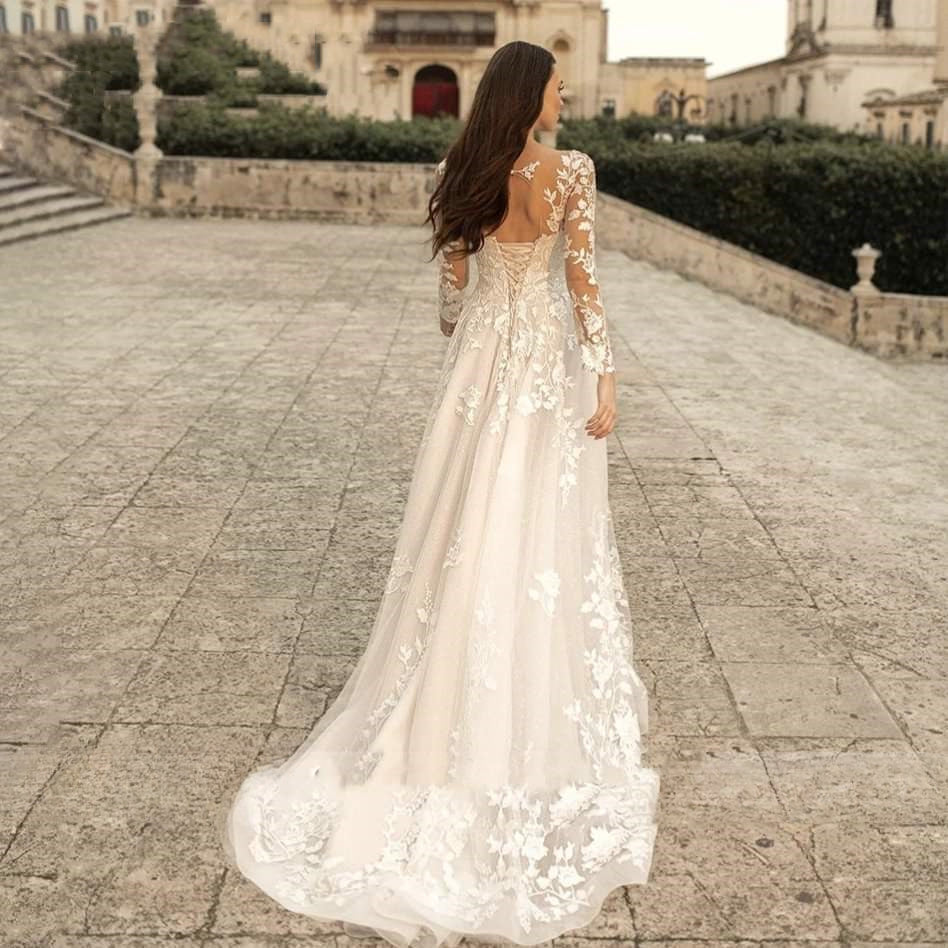 Robes de mariée élégantes à col rond 2023, manches longues en dentelle, coupe trapèze, robe de mariée tendance pour femme, bretelles dos nu.