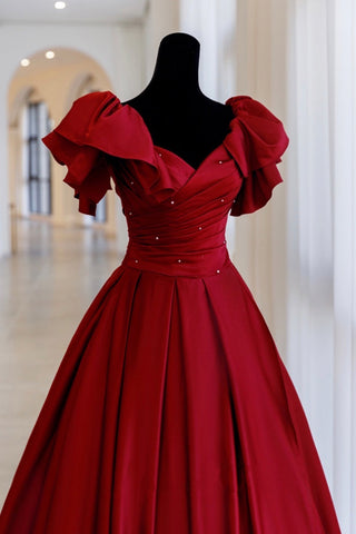 Robe de bal longue en satin bordeaux, coupe trapèze, référence Y518