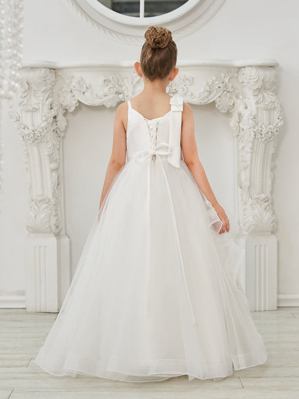 Vestido de princesa/vestido de tul hasta el suelo para niña de las flores de la primera comunión 