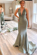 Mermaid Deep V Neck Light Green Long Bridesmaid Dress with Open Back