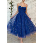 Robe de bal scintillante en tulle étoilé à bretelles spaghetti et poches 