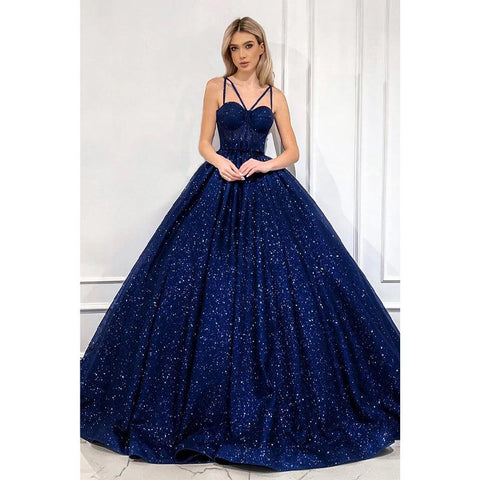 Robe de bal trapèze scintillante à bretelles spaghetti et poches 