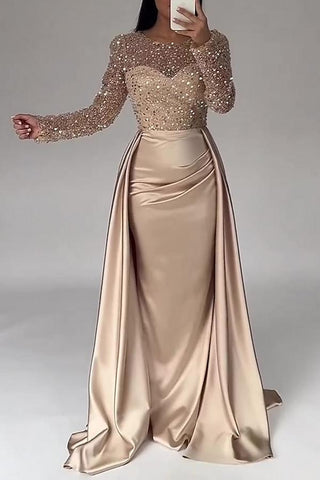 Long Sleeves Scoop Evening Dress Mermaid Overskirt With Sequins
