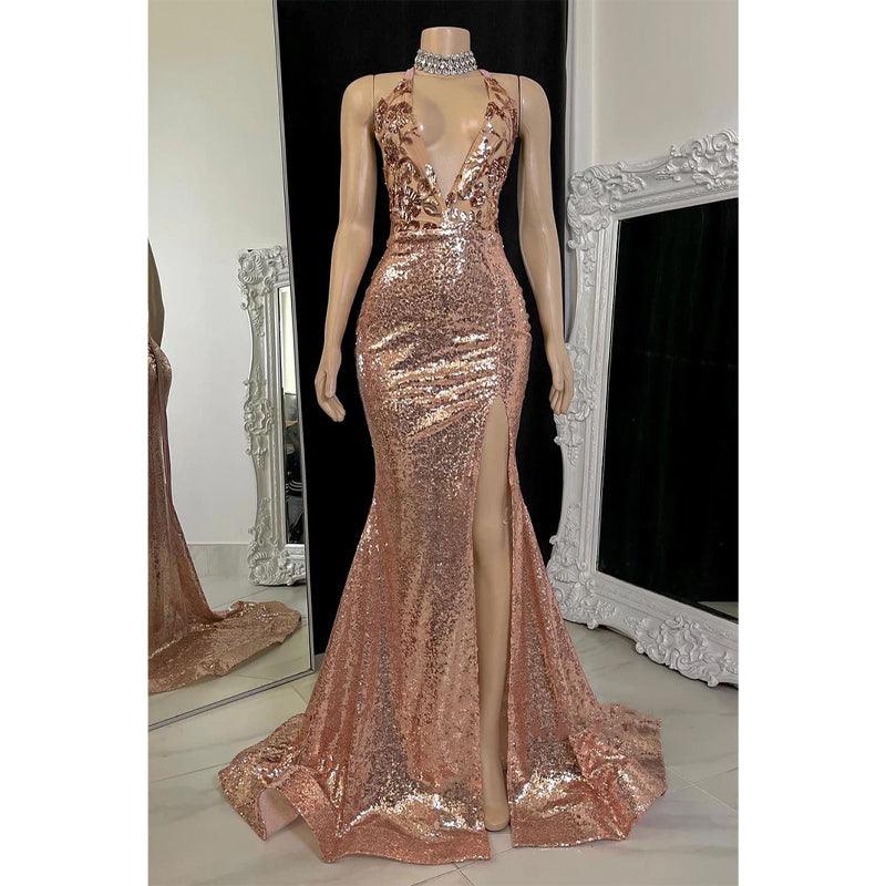 Plunging V-neck Appliques Side Slit Mermaid Prom Dress