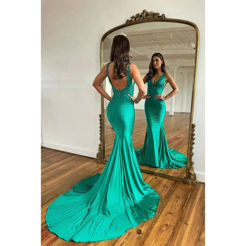 Robe de bal sirène sexy à col en V et perles pour femme