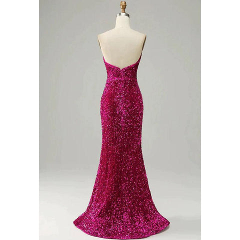 Vestido formal de noche con escote en V, lentejuelas, abertura, sin mangas y corte tubo/columna