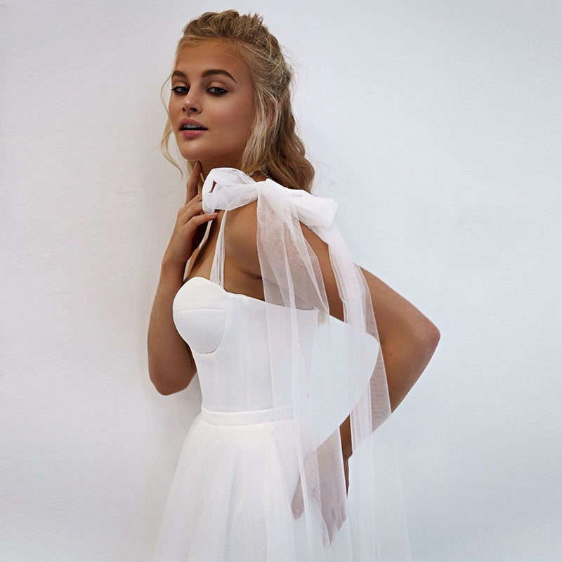 Simple White Tulle Wedding Dresses Boho Bow Spaghetti Straps A-Line Beach Wedding Party Gowns Abito Da Sposa 2021
