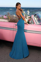 Ocean Blue One Shoulder Evening Dress Split Mermaid Long
