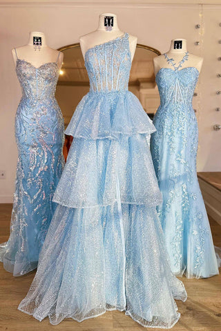 Robe de bal bleue à corset asymétrique et volants, coupe princesse, épaule dénudée