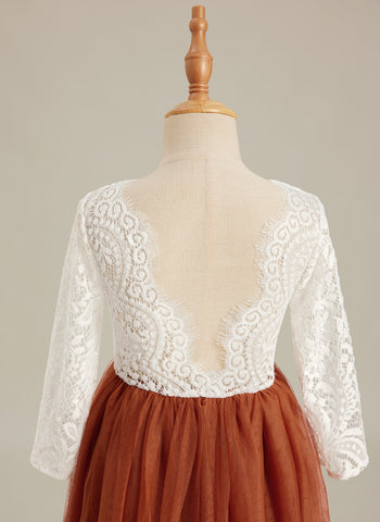 Vestido de niña de las flores de tul, manga larga, corte línea A, encaje blanco angelical 