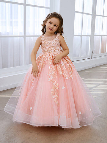 Robe de bal rose de princesse pour filles avec applications de dentelle 