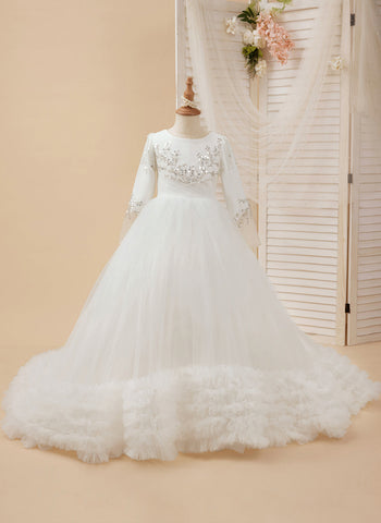 Vestido blanco de niña de las flores para la Primera Comunión, corte en A, satén y tul con cola de corte 