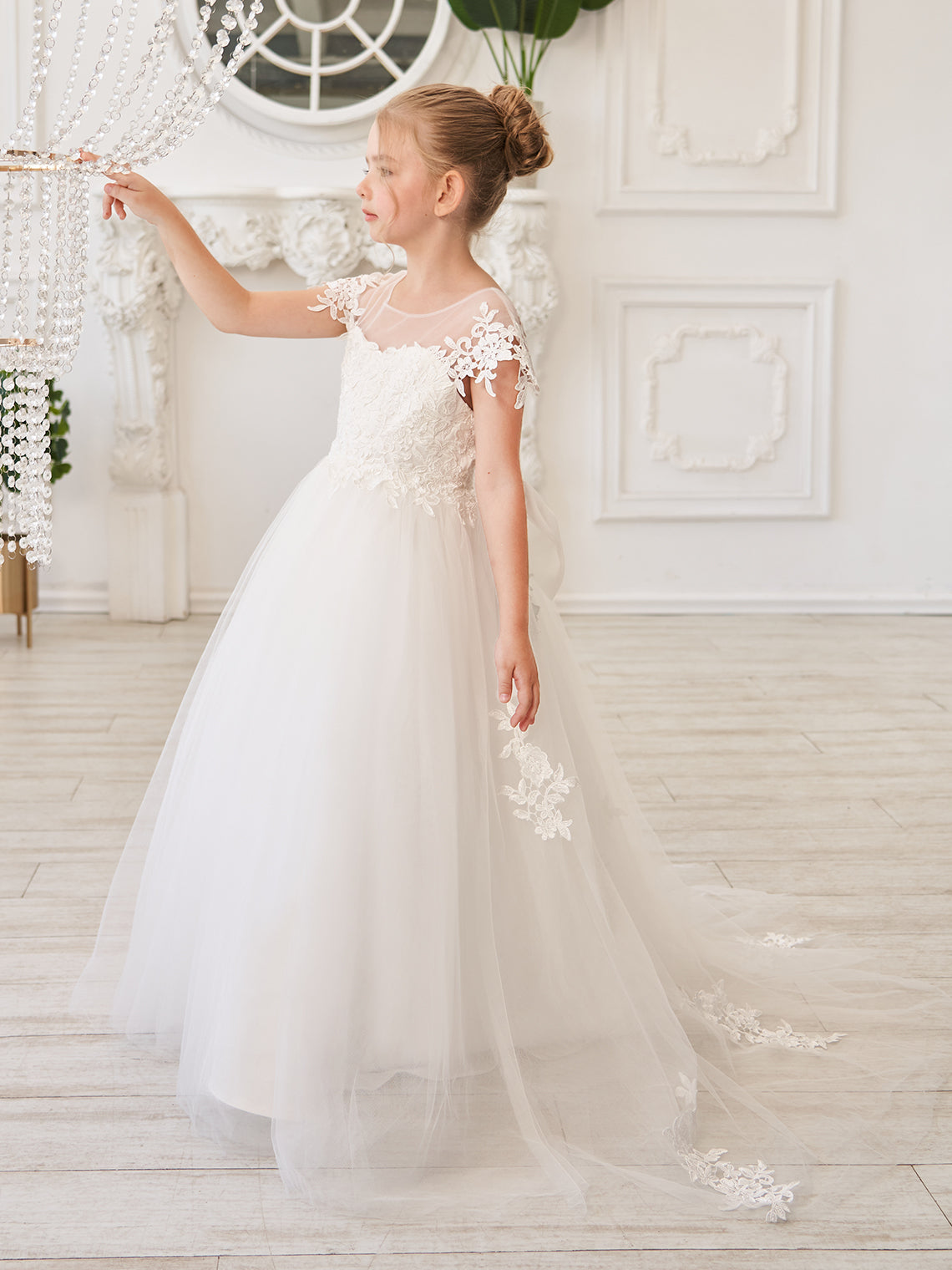 Vestido de niña de las flores para la Primera Comunión, color marfil, con cola desmontable estilo princesa. 